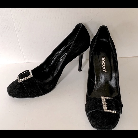 Stunning black suede stiletto shoes with large buckle of shiny rhinestones 40 10 - Picture 4 of 12